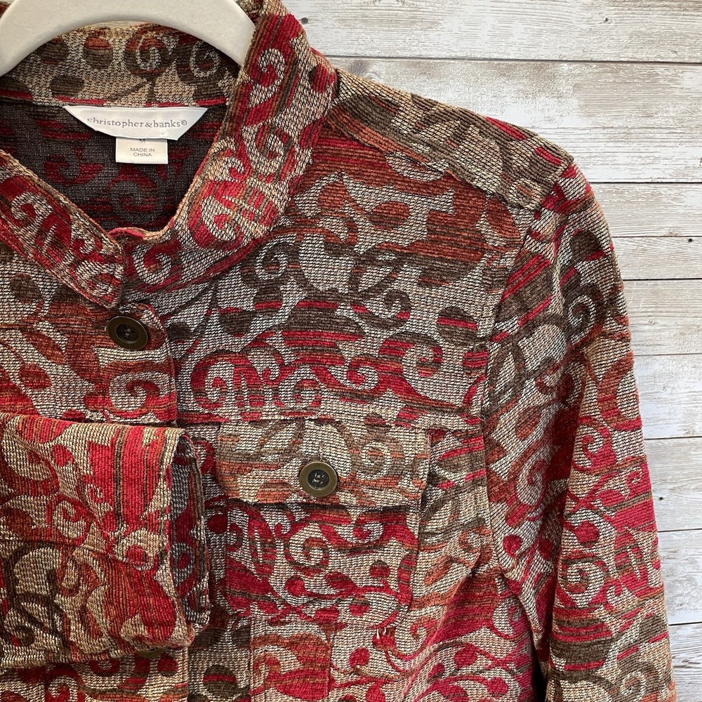 Christopher & Banks Womens M Jacket Mandarin Collar Fall Pockets Button Up Shirt